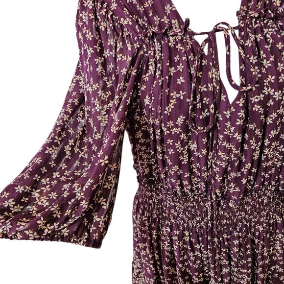 Taylor Boho Purple Floral Ruffled Fit & Flare Dress Size 14 W V-neck Puff Sleeve - Picture 3 of 9